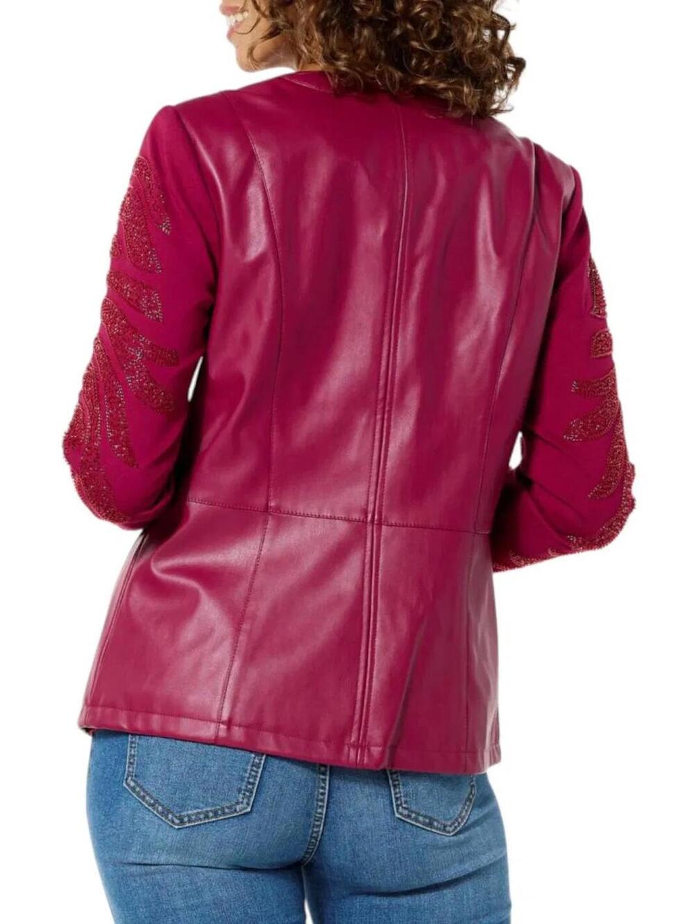 NWT Colleen Lopez Beaded Mesh Sleeve Faux Leather Moto Jacket Size Large - Picture 2 of 7